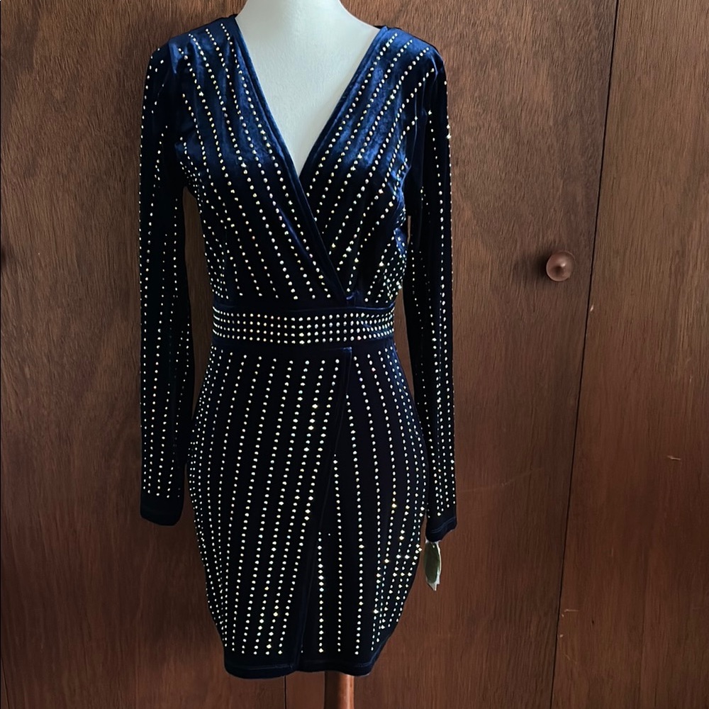 Navy Long-Sleeve Studded Wrap Dress